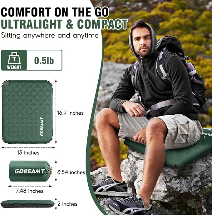 GDREAMT Inflatable Seat Cushion, Self-Inflating Memory Foam Stadium Seats Cushion Lightweight & Compact Chair Sitting Pad Airplane Cushion for Long Flight Travel Outdoor Camping Car Bleachers Office