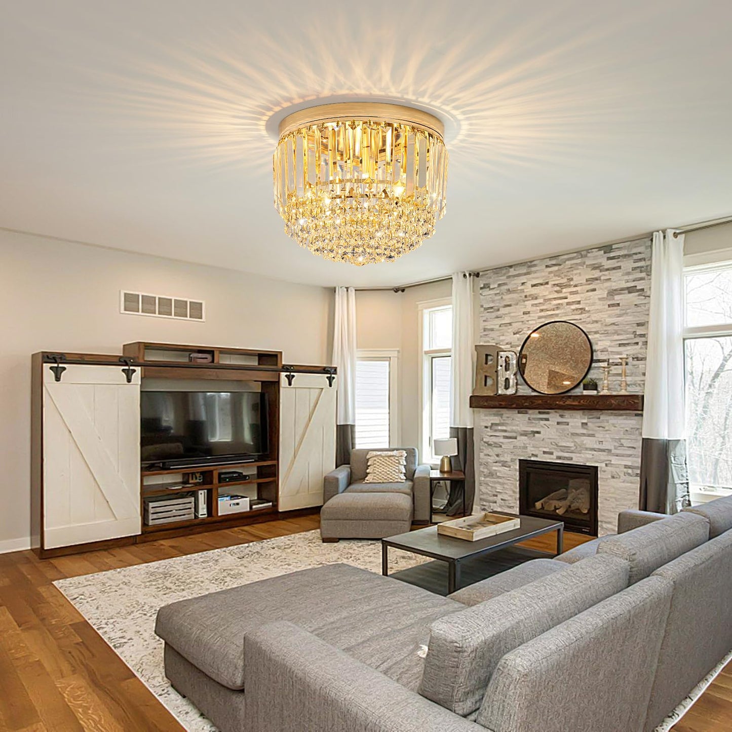 YMP&YZX Modern 3-Lights Crystal Chandelier French Gold,11.8" Semi Flush Mount Crystal Ceiling Light LED Round Chandelier Light E12 Base for Bedroom Living Room