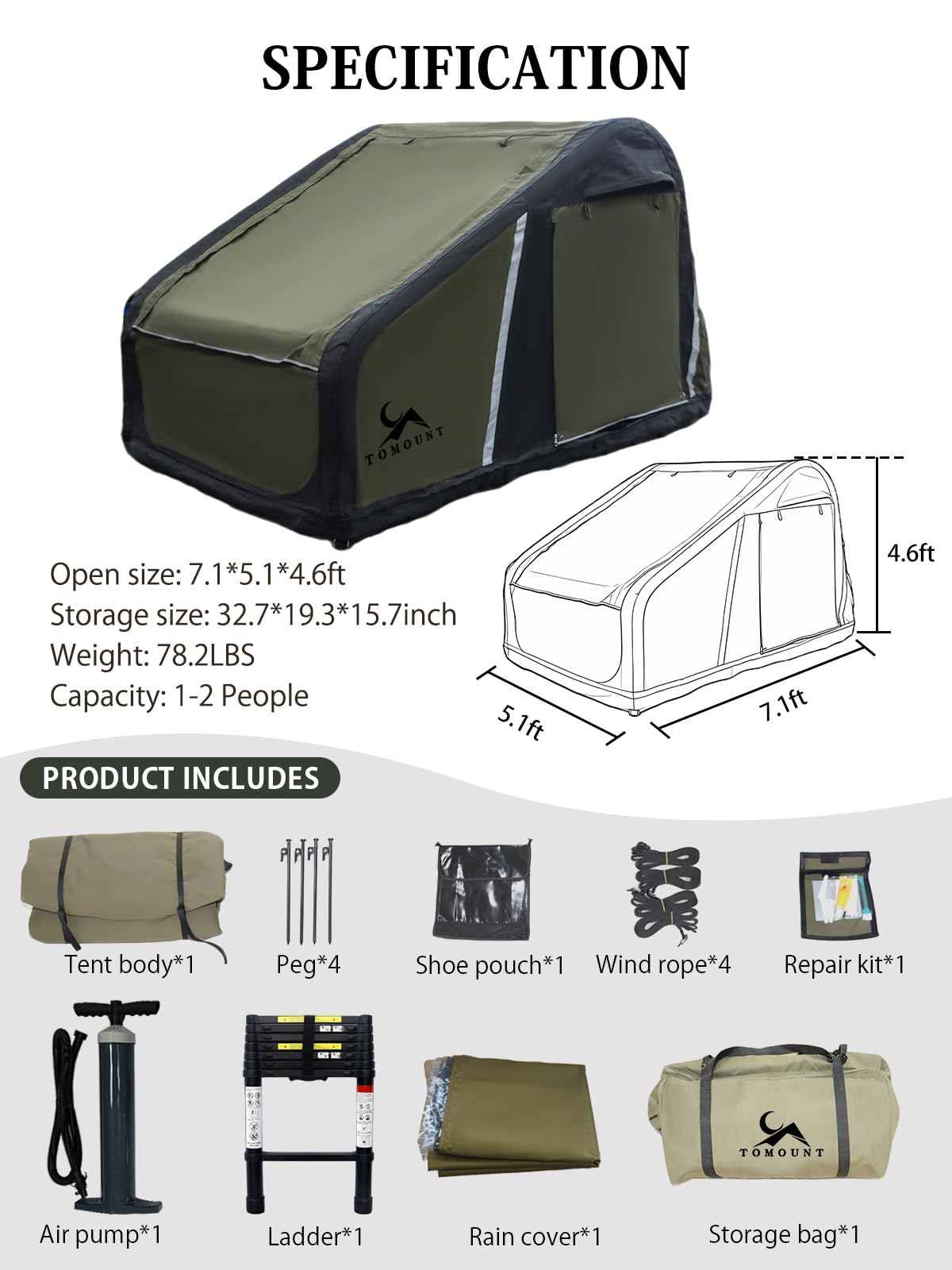 MC TOMOUNT Inflatable Rooftop Tent for Camping, Roof Top Truck Tent with Detachable Mattress, Panoramic Skylight & Ladder, Easy Setup Blow Up 2-3 Person Canvas Roof Tent for Car SUV Jeep Van