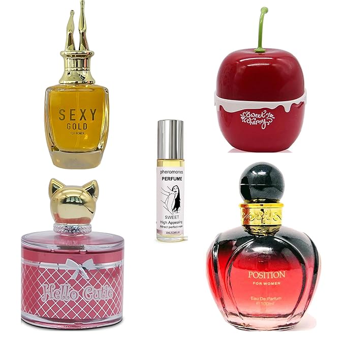 4-Piece Women's Perfume Set with 10ml Rollerball, EDP Collection, Variety of Fragrances,Long Lasting Fragrance (Position Women Red/SEXY GOLD/Hello Cutie/sweet cherry)