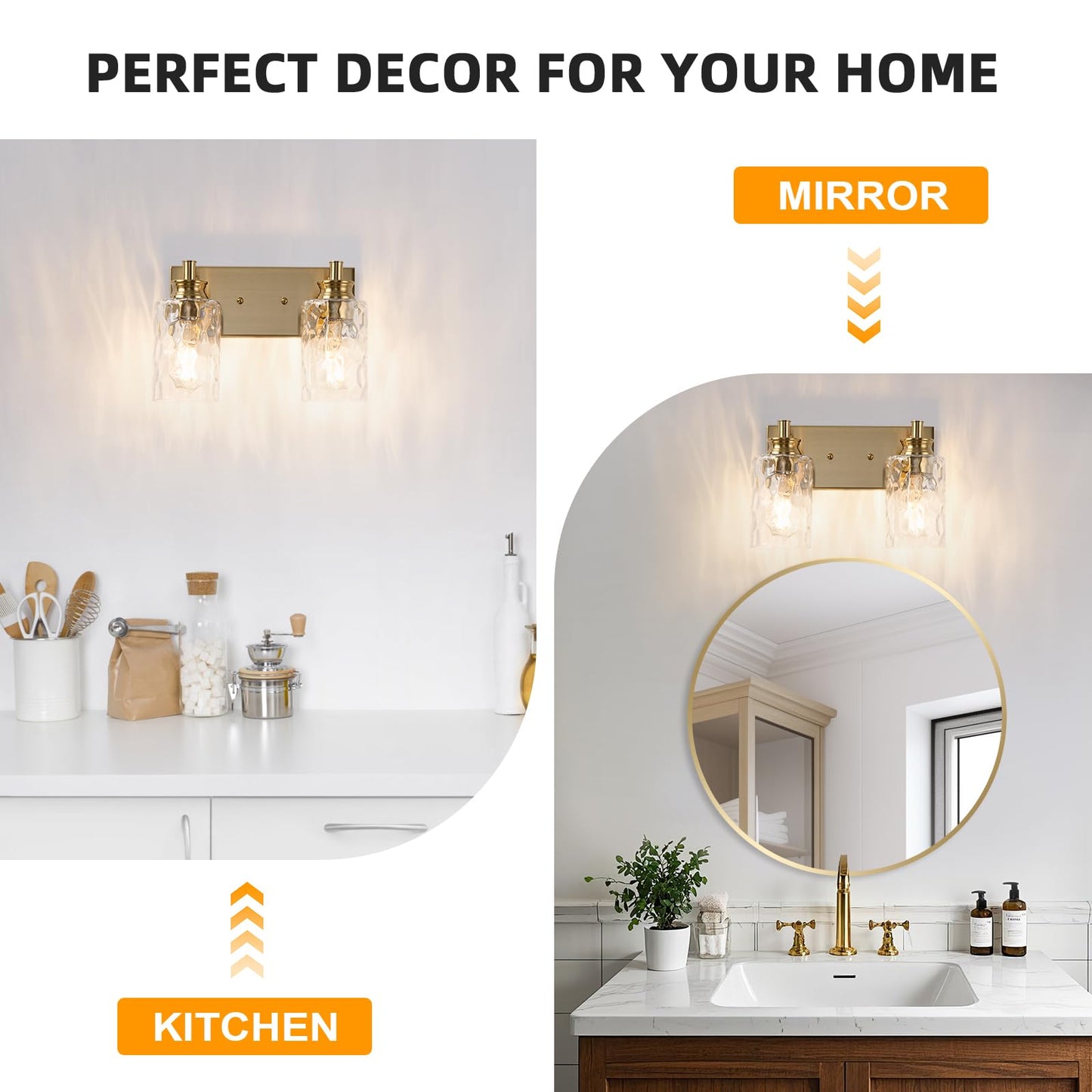 AMRUIPO 2 Light Bathroom Vanity Light Modern Brushed Gold Bathroom Light Fixtures Over Mirror with Hammered Glass Lampshade for Kitchen Hallway