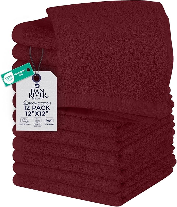 DAN RIVER 12 Pack Wash Cloths for Showering [12x12] - 100% Cotton Washcloths Premium Quality Flannel Face Cloths for Bathroom, Highly Absorbent and Soft Feel Wash Clothes, Pomegranate