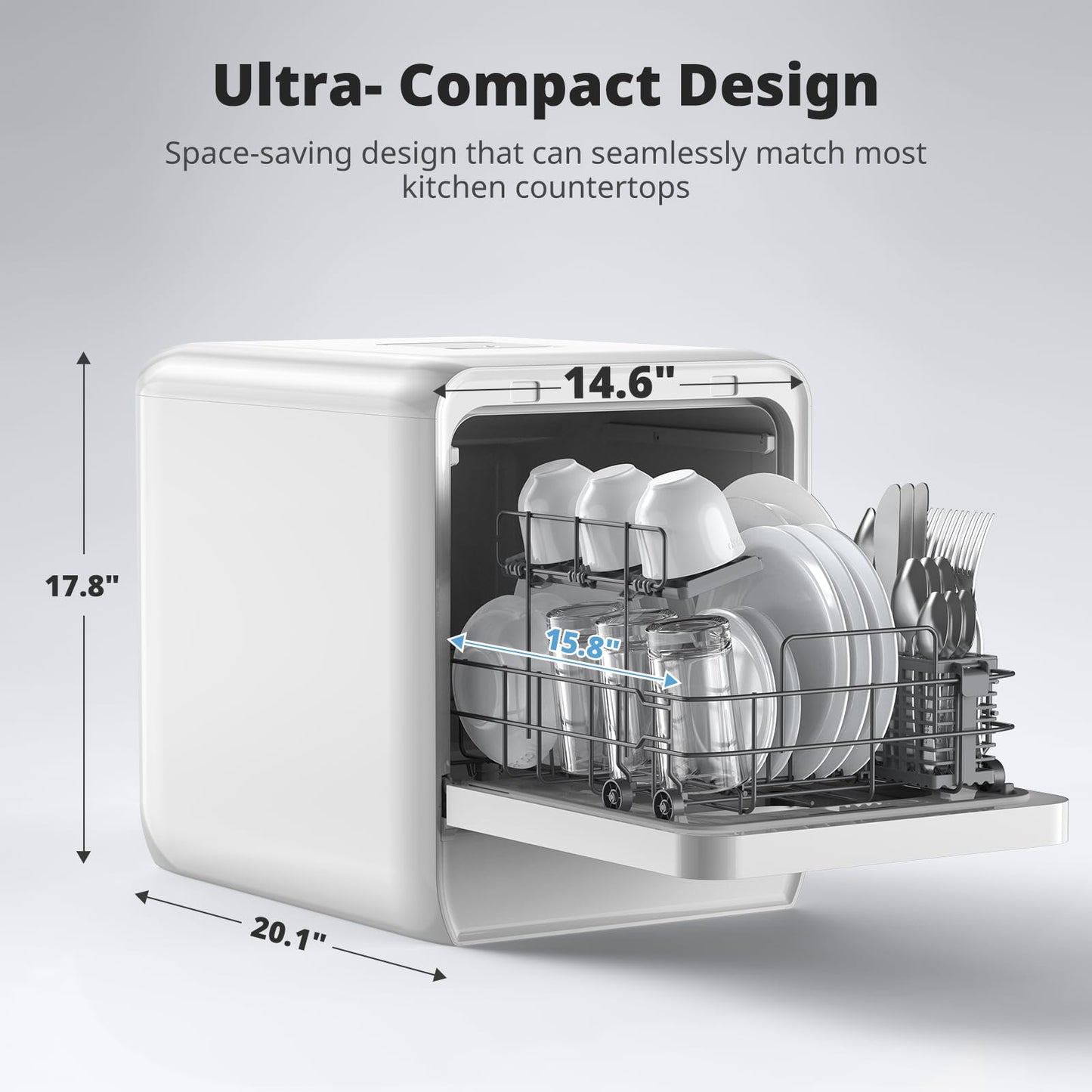 AIRMSEN Portable Countertop Dishwasher with 5L Water Tank, Mini Dishwasher with 14.6” Narrow & 20.1“ Deep Design, 9 Programs, 24H Delay Start & 360° Dual Spray, No Hookup Needed, C01, White