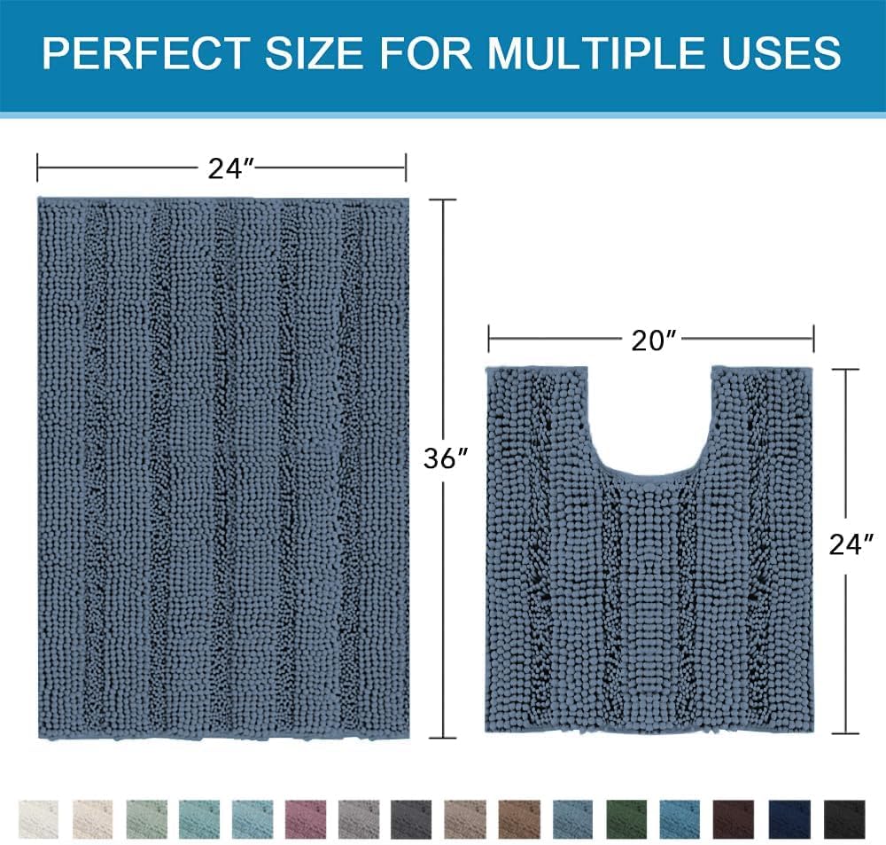 H.VERSAILTEX Bathroom Rug Sets 2 Piece Bath Mats Non Slip Thick Soft Chenille Striped Bath Rug achine Washable Shower Floor Rugs for Tub, Shower and Floor (Blue Indigo, 36"x24" Plus 20"x24" U)