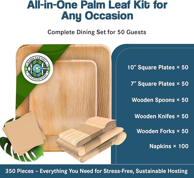 Biodegradable Disposable Party kit including 10" Plates, 7" Plates, Wooden Cutlery - Forks, Spoons, Knives & Napkins (For 50 Person Party - includes 350 total items)