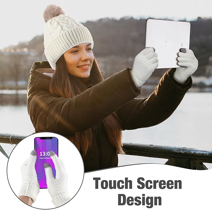 SATINIOR 5 Pcs Winter Hat Scarf Gloves Set Fleece Warm Lined Knit Beanie Hat Touch Screen Earmuff Gloves Warmer for Women(White,Vivid Style)