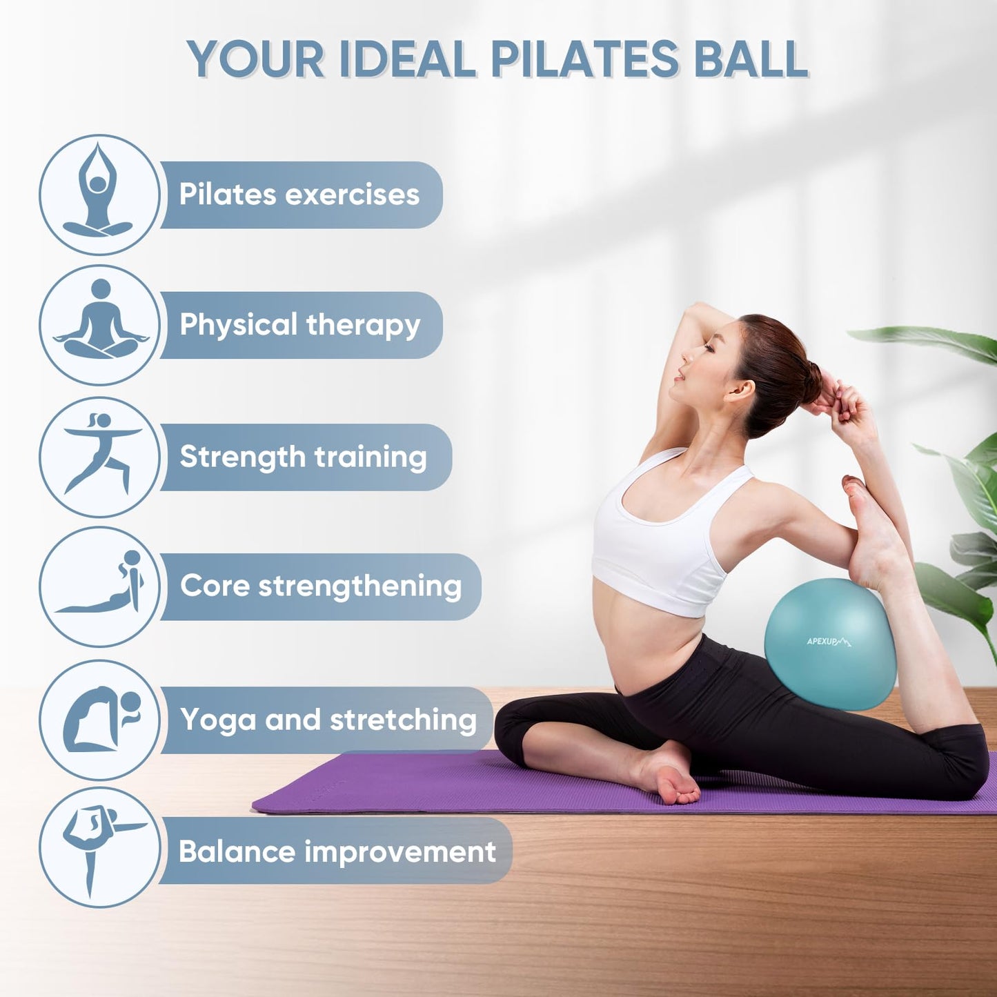 APEXUP Yoga Ball Exercise Ball, Heavy Duty Pilates Ball for Fitness, Balance, Core Workout, Physical Therapy (XXS (9") 23cm, Light Blue)