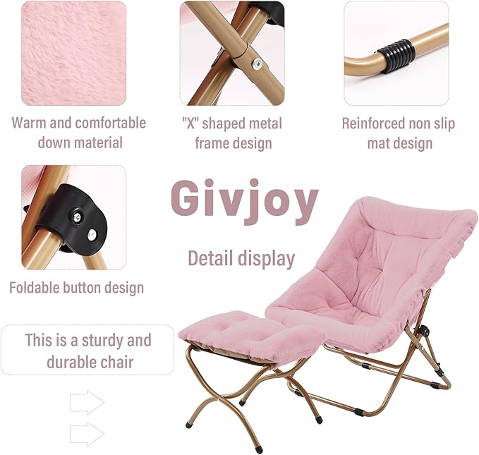 Givjoy Comfy Folded Chair with Ottoman, Oversized Folding Faux Fur Chair Soft Furry Lounge Lazy Chair with Metal Frame Moon Chair Accent Chair for Bedroom, Living Room, Dorm Rooms