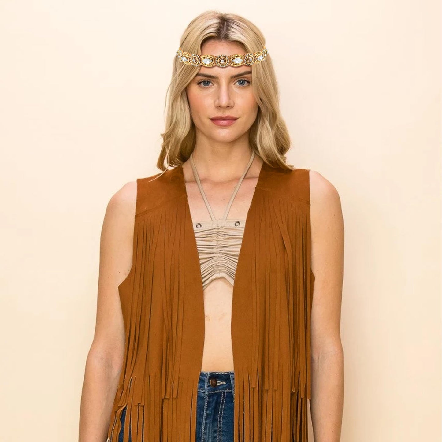 FEYIR 60s 70s Outfit for Women Hippy Accessories Fringe Hippie Vest Clothes for Halloween Disco Party Hippie Costume Set Brown