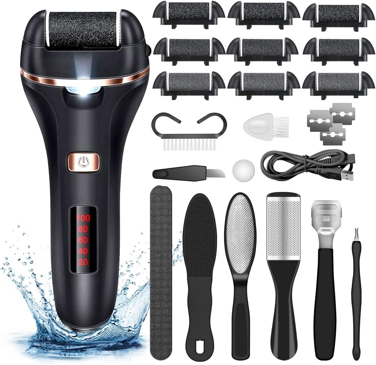 Electric Callus Remover for Feet,Rechargeable Foot File Hard Skin Remover,Waterproof 14 in1 Professional Pedicure Kit for Cracked Heels &Dead Skin,with 9 Roller Heads 2 Speed