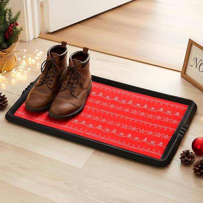 Maxdot Christmas Boot Tray Rubber Holiday Shoe Mat Tray with Festive Print 16" X27.5" Waterproof Rubber Shoe Mat for Entryway Indoor Outdoor Use with Raised Edge Christmas Decor (1 Pack)