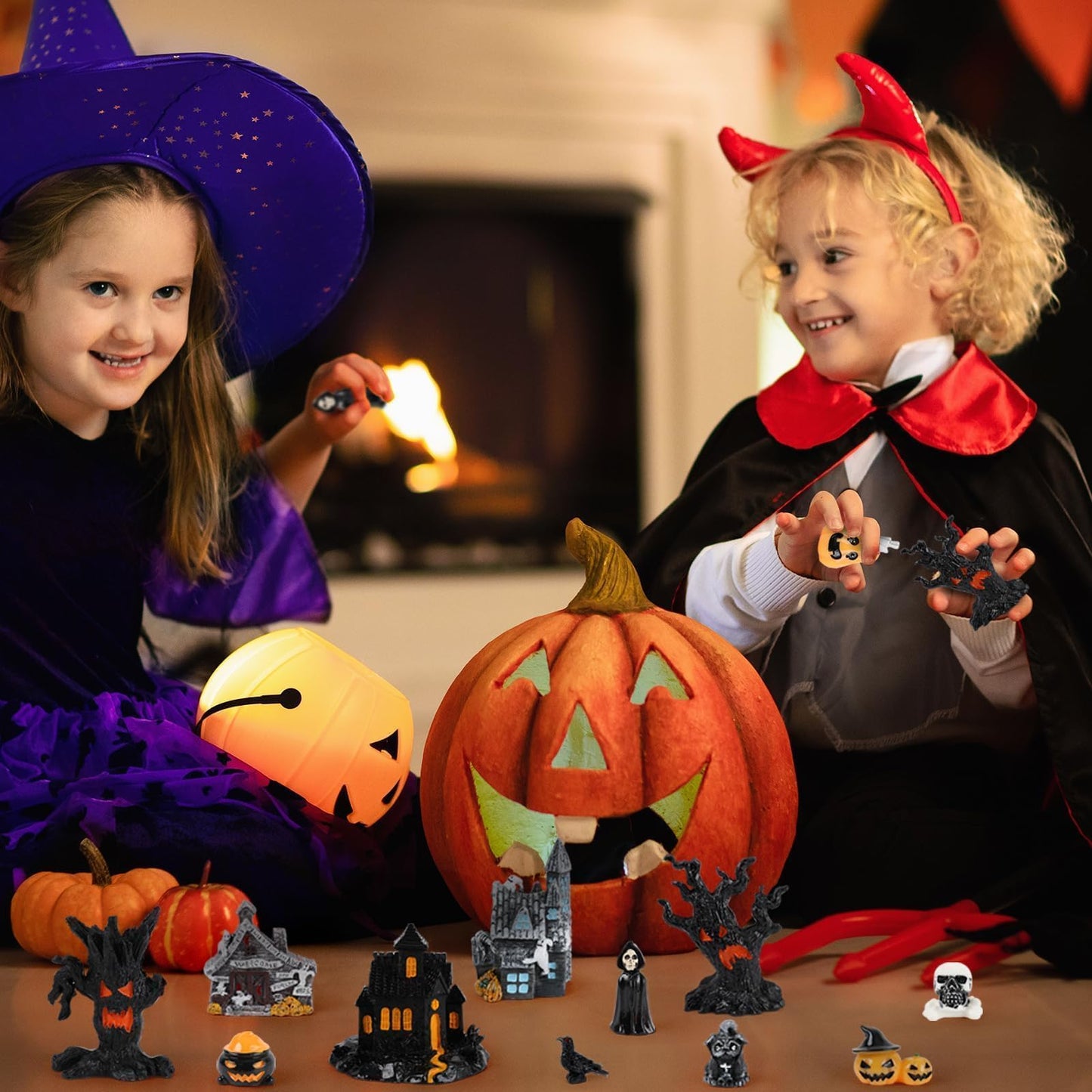 YLOLUL 30 Pcs Halloween Village Ornaments Accessories Figurines Town Miniatures Include Trees Pumpkins Black Dog Crows Skeletons Houses Wizard Bat for Halloween Village & Party Table Decorations