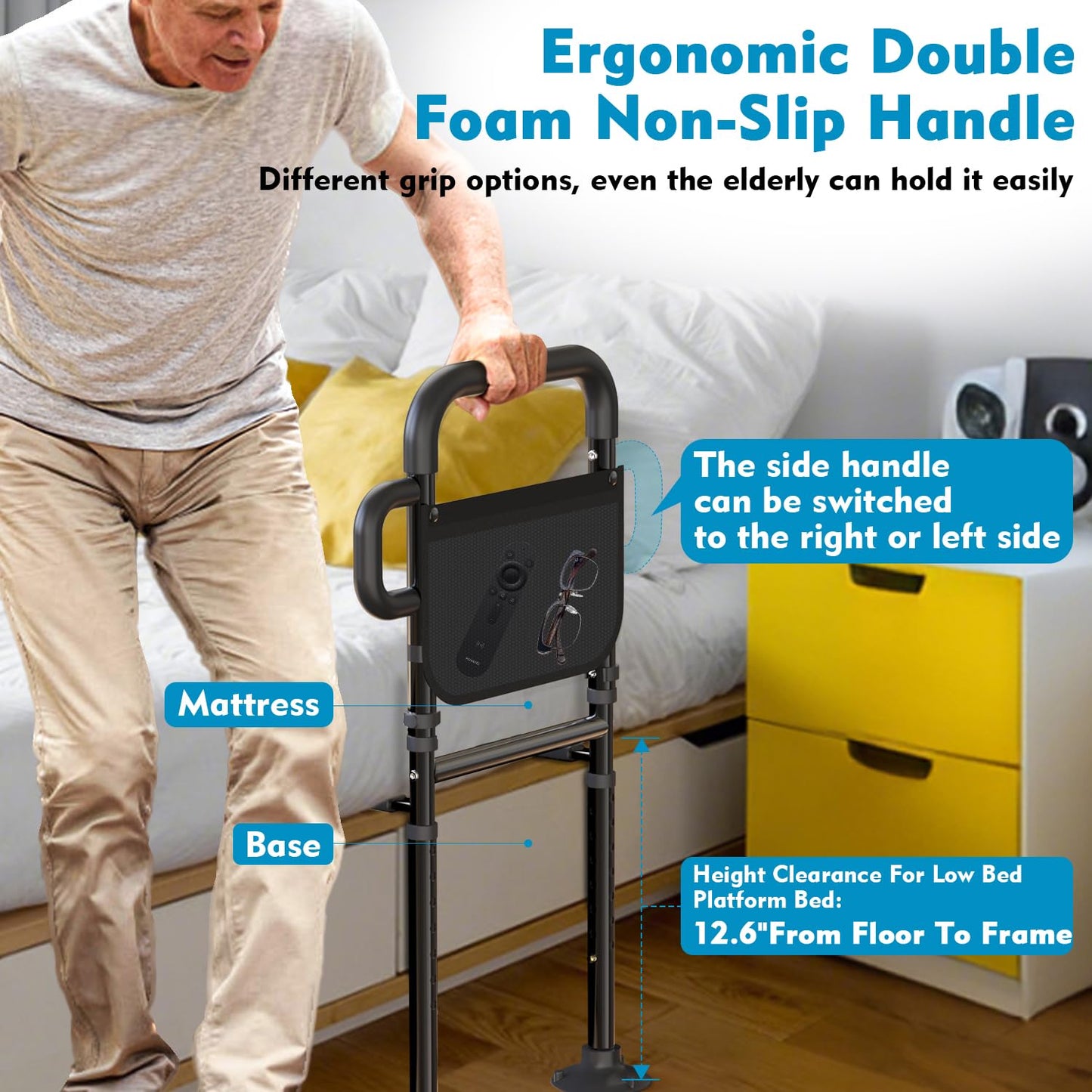 Bed Rails for Elderly Adults Safety, ASTM Approved Adjustable Bed Assist Rail for Seniors, Non-Slip Ergonomic Handle, 400lb Weight Capacity, Storage Pocket & Fixing Strap, Fits Twin/Full/Queen/King