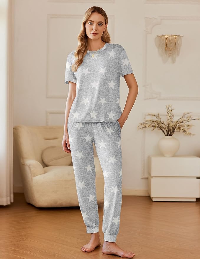 Ekouaer Pajamas for Women Set 2 Pack Lounge Set Short Sleeve Pjs Joggers Long Pants Loungepwear with Pockets