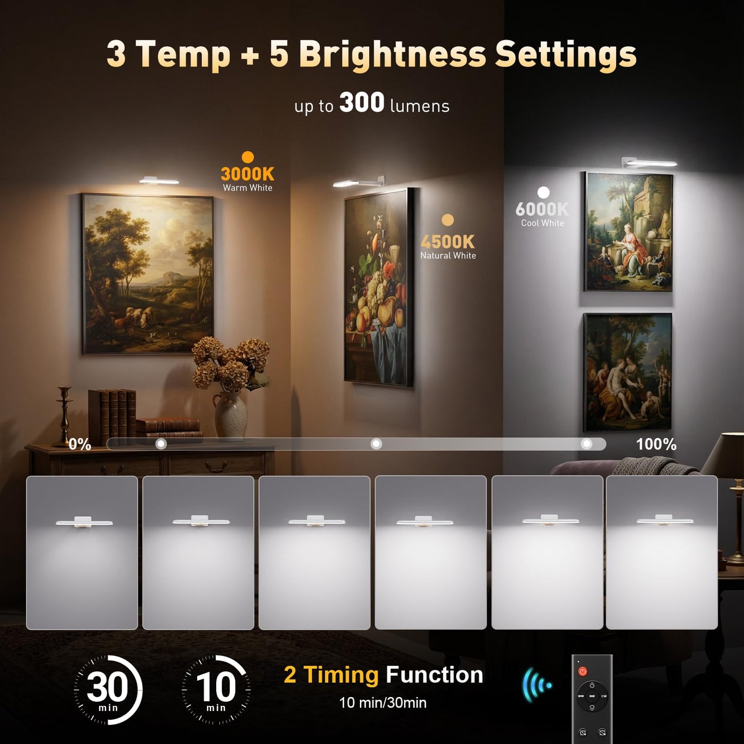 NARUNDREN 2 Pack Picture Lights for Wall, Rechargeable LED Picture Light Battery Operated with Remote, Dimmable Poster Light for Paintings, Portraits, Art Frames, Display Lighting for Wall Decor,White