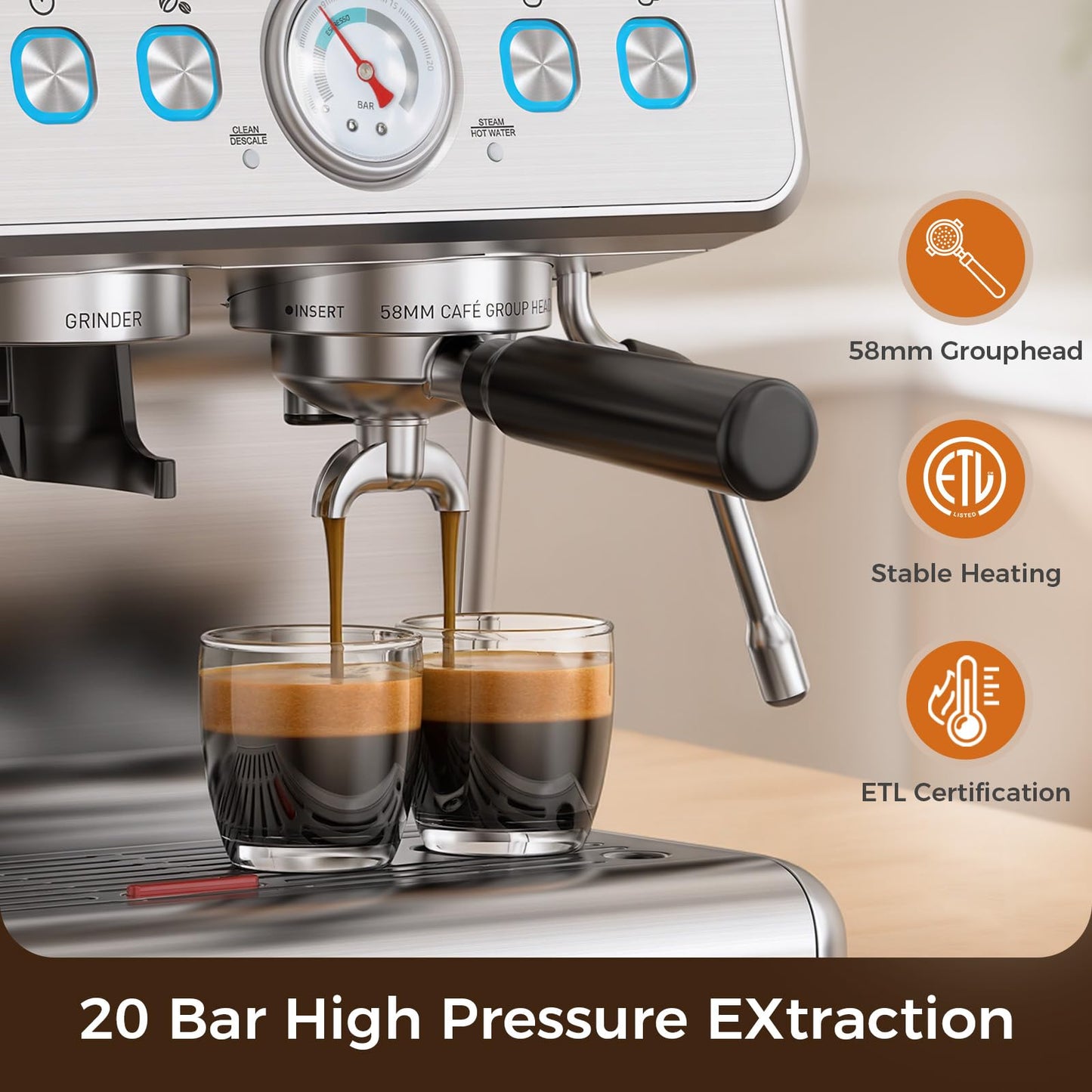 Espresso Machine with Grinder, 20 Bar Expresso Coffee Machines, Professional Coffee Maker for Latte & Cappuccino with Milk Frother, Expresso Machines for Home, Removable Water Tank, Steam Wand-Silver