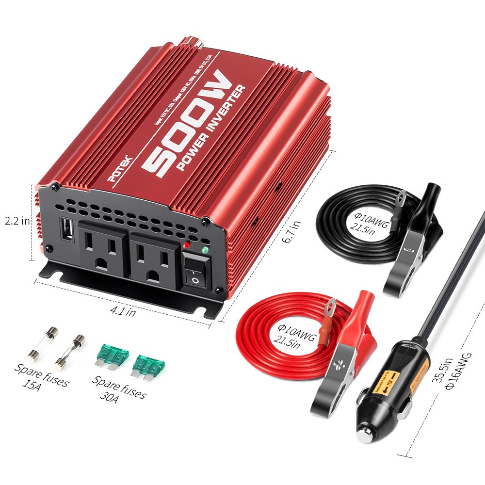Potek 500W Car Power Inverter Dc 12V To Ac 110V With 2Ac Outlets And 2A Usb Port