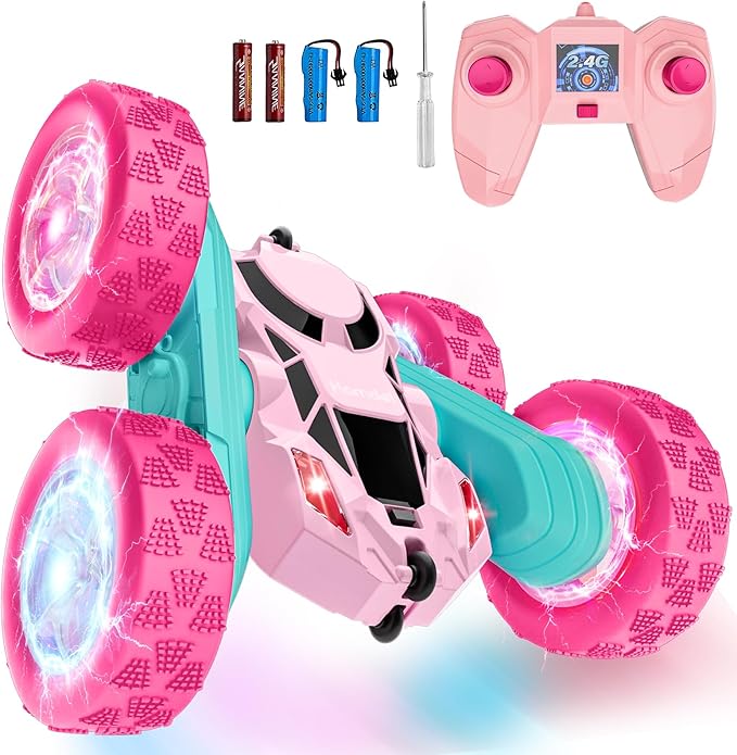 Pink Remote Control Car for Girls, Double Sided with Shining Headlights & Wheel Lights, Girl Princess Toys, Rechargeable Toy Car for 6-7 6-8 9 10-12 Year Old Girls Birthday