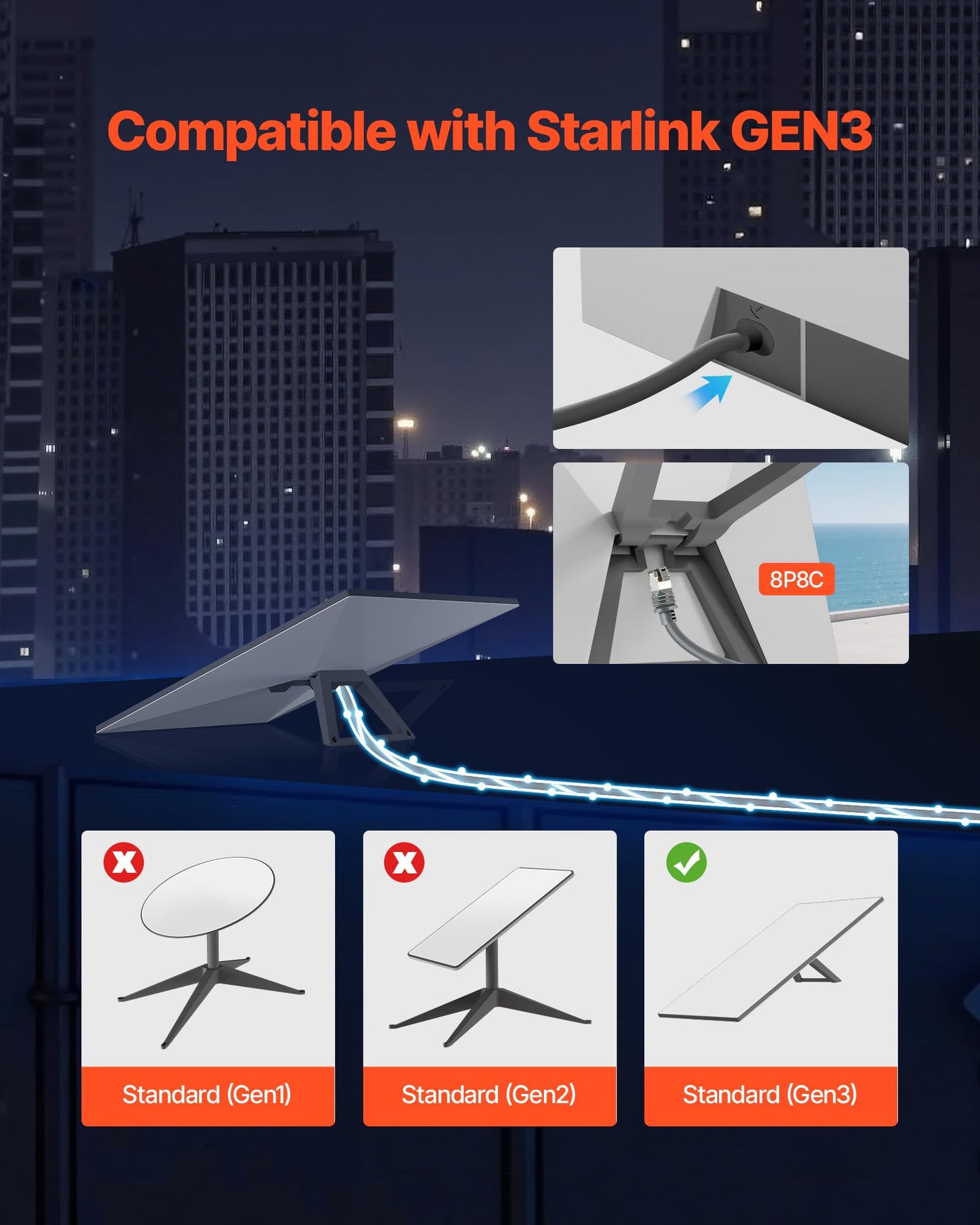 Vevor Starlink Gen 3 Cable, 100 Ft, 26 Awg Copper Core, Durable Extension Cable For Standard Generation 3, Compatible With Starl