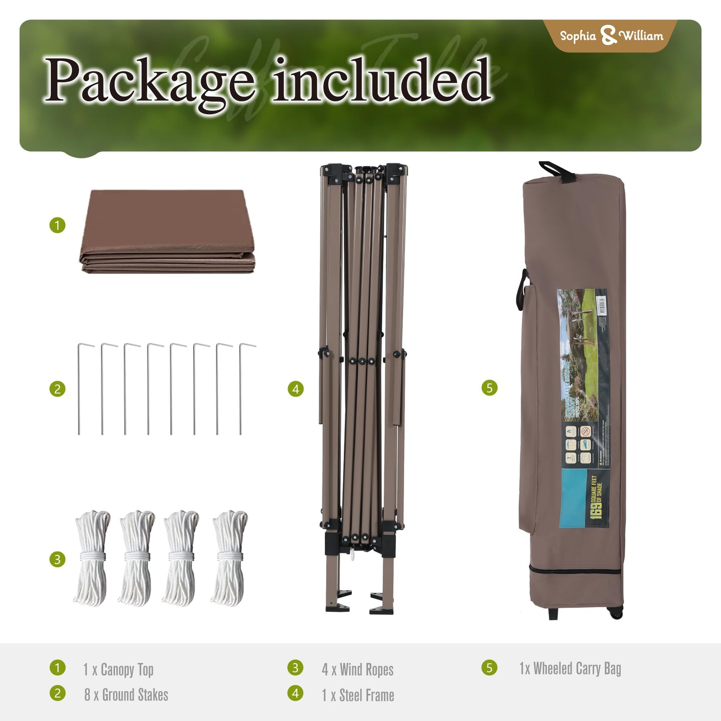 Canopy Tent Pop Up 13x13 ft, Outdoor Patio Portable Commercial Canopies Shelter Heavy Duty Straight Legs with Roller Bag, 8 Stakes, 4 Guy Ropes, UPF50+, Brown, Sophia & William
