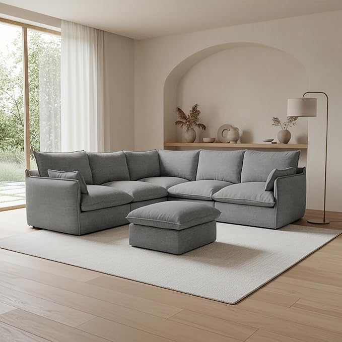 Lopzeho Cloud Modular Sectional Sofa, Waterproof Down Filled Sectional Sofas, High Backrest V Shaped 5 Seater Sectional Couch with Ottoman, Modern Modular Couch with Removable Cover, Dark Gray