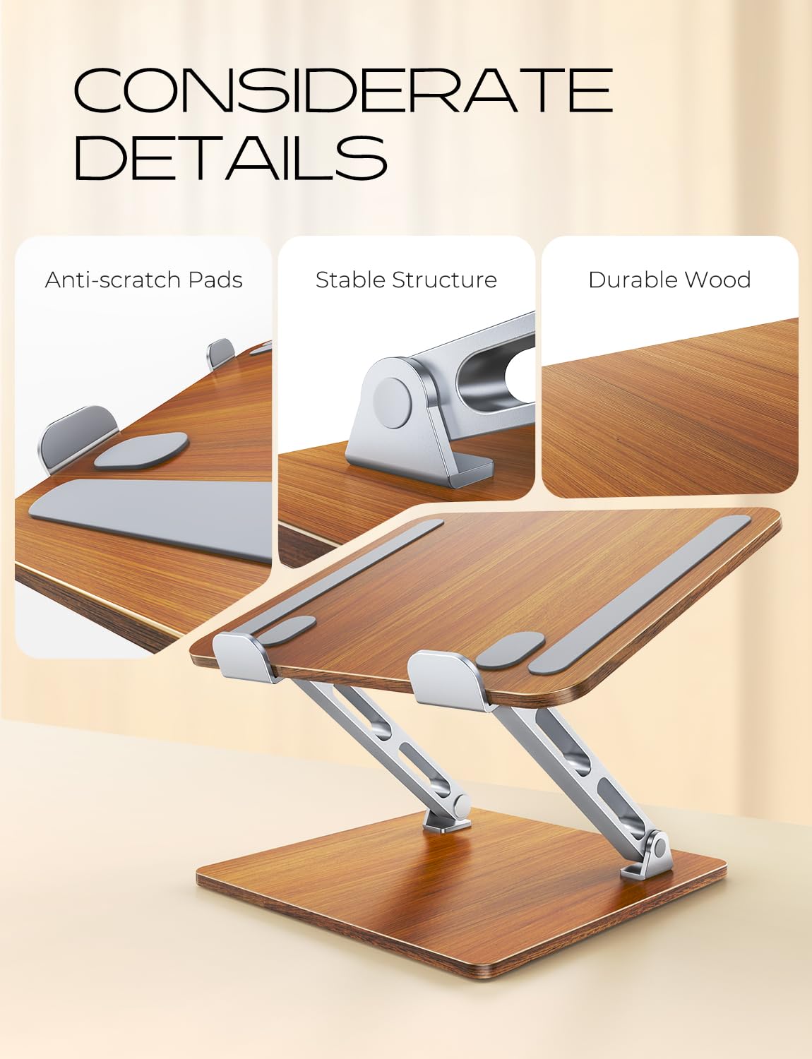 Niweya Ergonomic Laptop Stand, Wood & Aluminum Computer Stand with Adjustable Angle, Foldable Dual-Bar Laptop Riser Holder Stand for Desk, Compatible with MacBook, Dell, HP 10-16" (Royal Teak Grain)