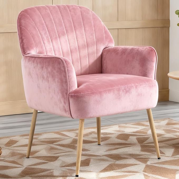 Holiway Velvet Accent Chair, Upholstered Modern Leisure Single Sofa Side Chair, Comfy Tufted Back Armchair with Metal Legs for Living Room/Bedroom/Office/Reading Room, Pink