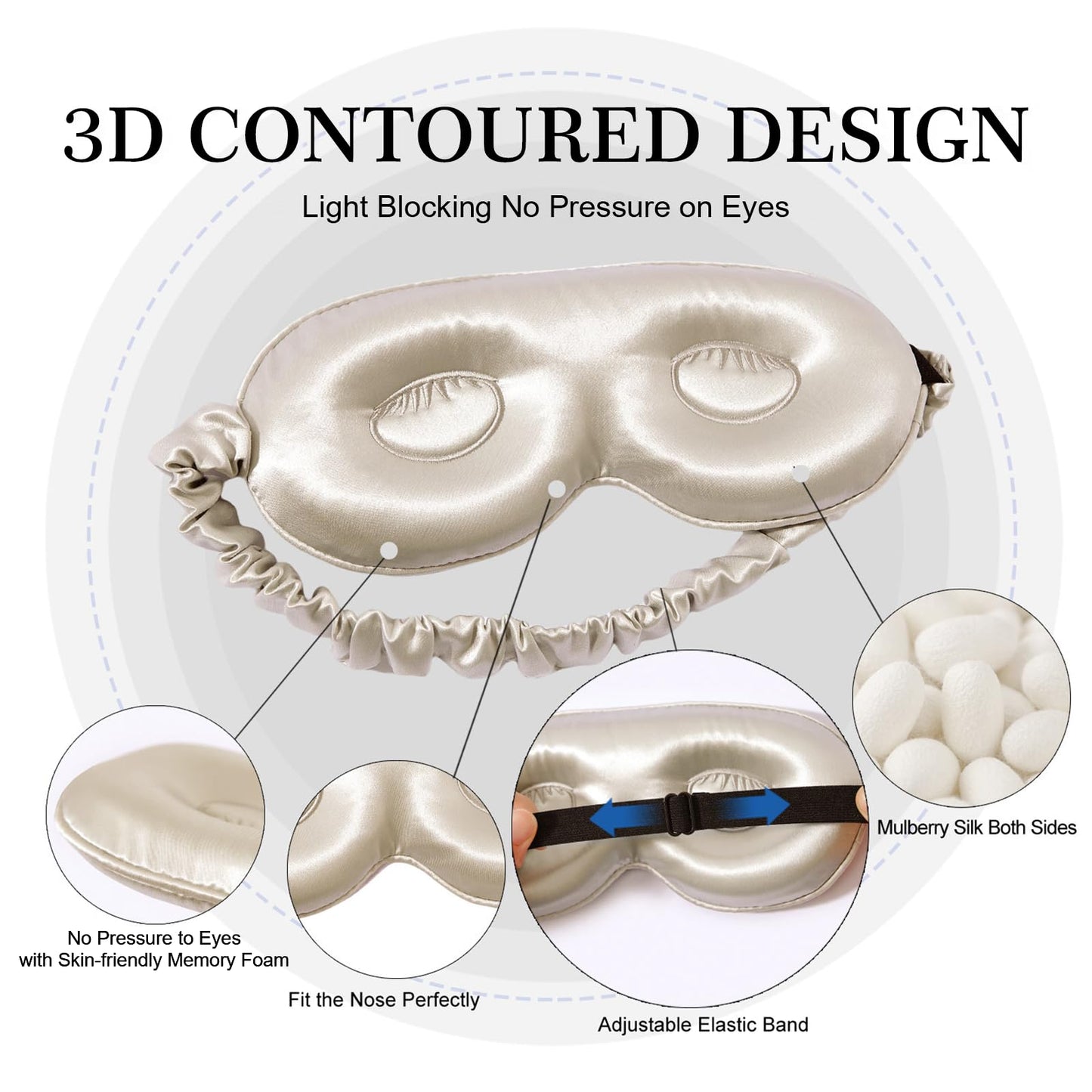 ZIMASILK Adjustable 22 Momme 100% Pure Mulberry Silk Sleep Mask, 3D Contoured Cup Eye Mask for Sleeping, Super Soft Breathable Blindfold, Perfect Blocks Light for Sleeping. (Beige)