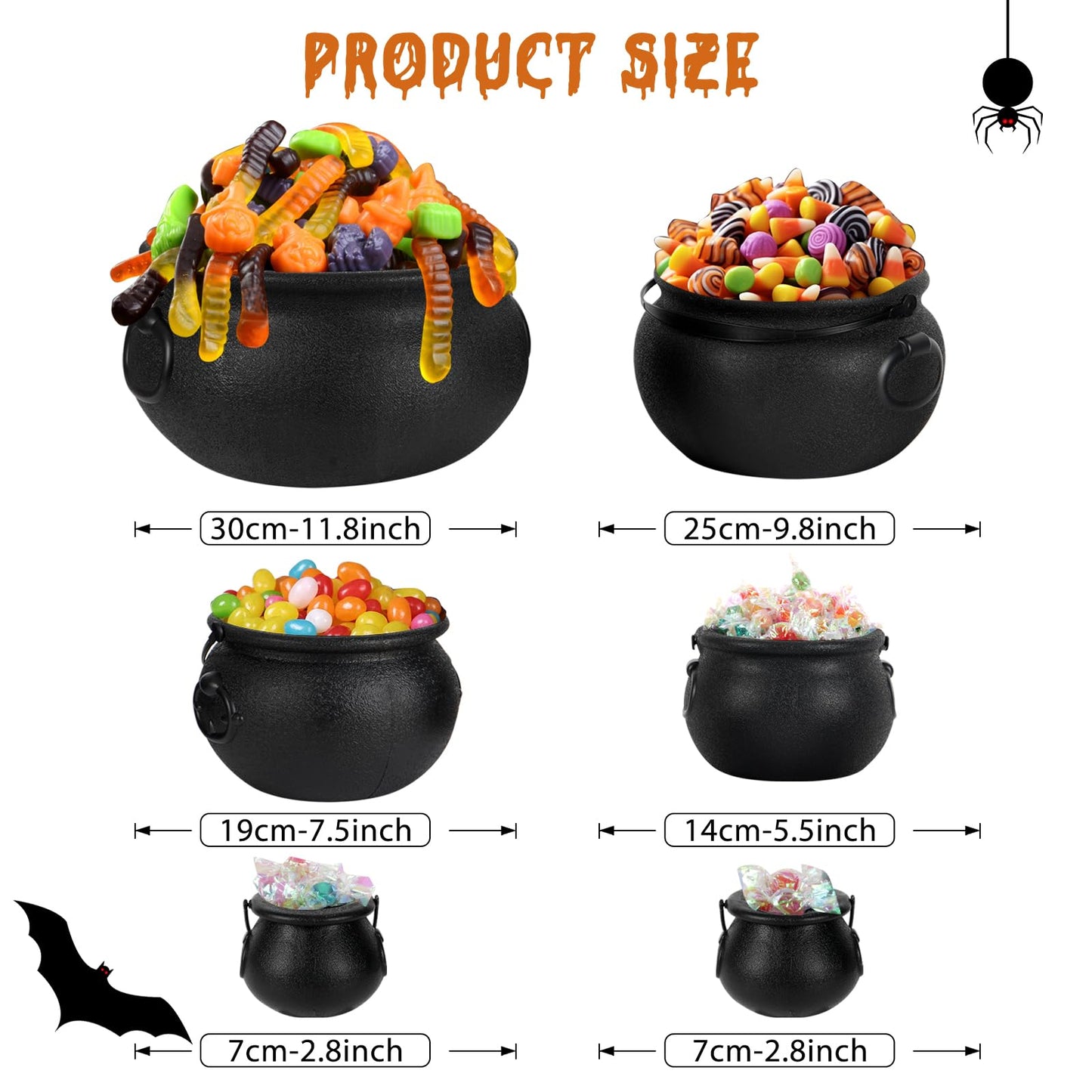 Zesua Halloween Decorations - 6 in 1 Package Large Black Plastic Witches Cauldron - Cauldron Candy Bowl - Trick or Treat - Cauldron Pot for Indoor Outdoor Party Table Decor