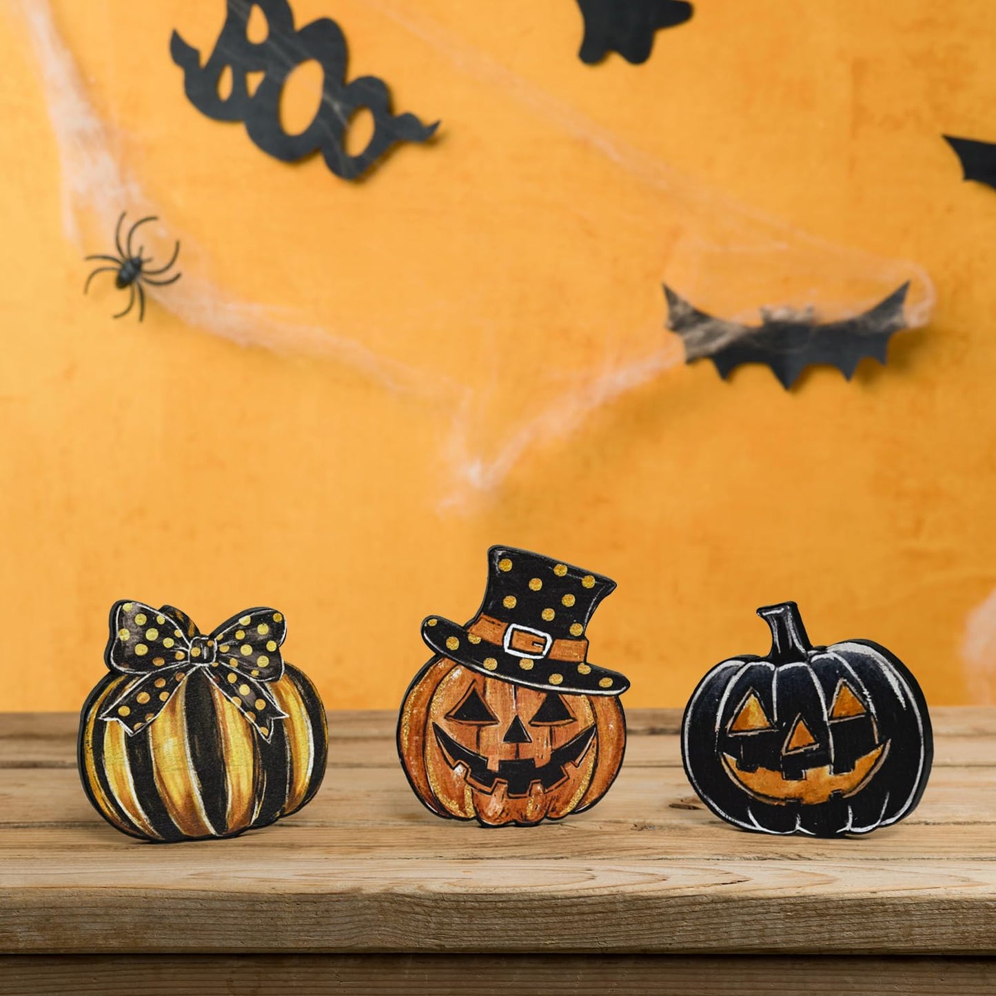 Smile 3 Pcs Wooden Blocks Signs, Happy Halloween Pumpkin Tiered Tray Decorations, Indoor Decor for Kitchen Bathroom and Home Table Shelf