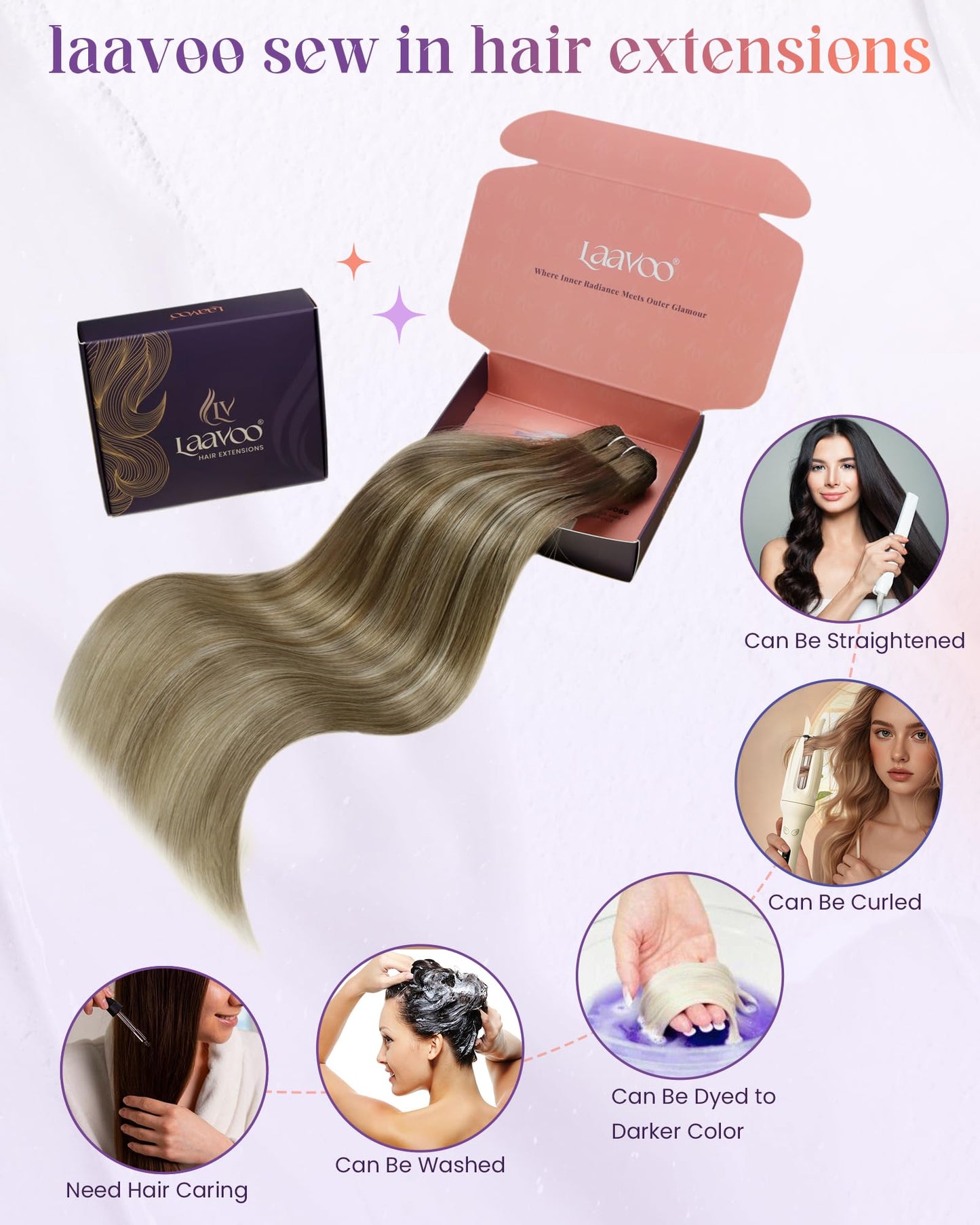 LaaVoo Weft Hair Extensions Human Hair Brown Ombre Weft Extensions Dark Brown Balayage Light Brown Mix Caramel Blonde Sew in Hai