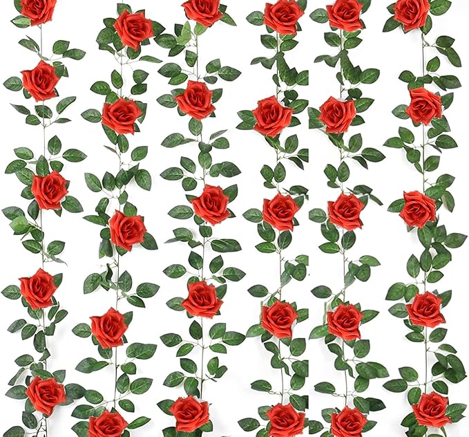 50FT Artificial Flowers Garlands Red 6PCS Silk Rose Hanging Vine with Green Leaves for Wedding Arch Party Christmas Home Decoration Flowers Arrangement