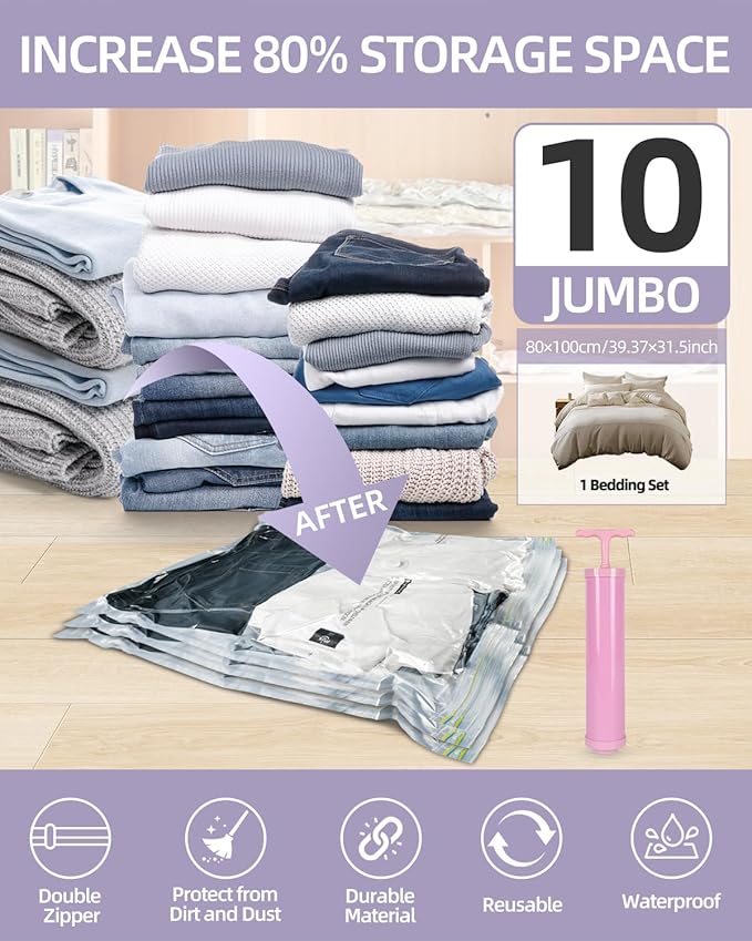 Vacuum Storage Bags, Vacuum Seal Bags for Foam Mattress,Clothing & Bedding, Space Saver Bags for Organization and Storage(10Jumbo)