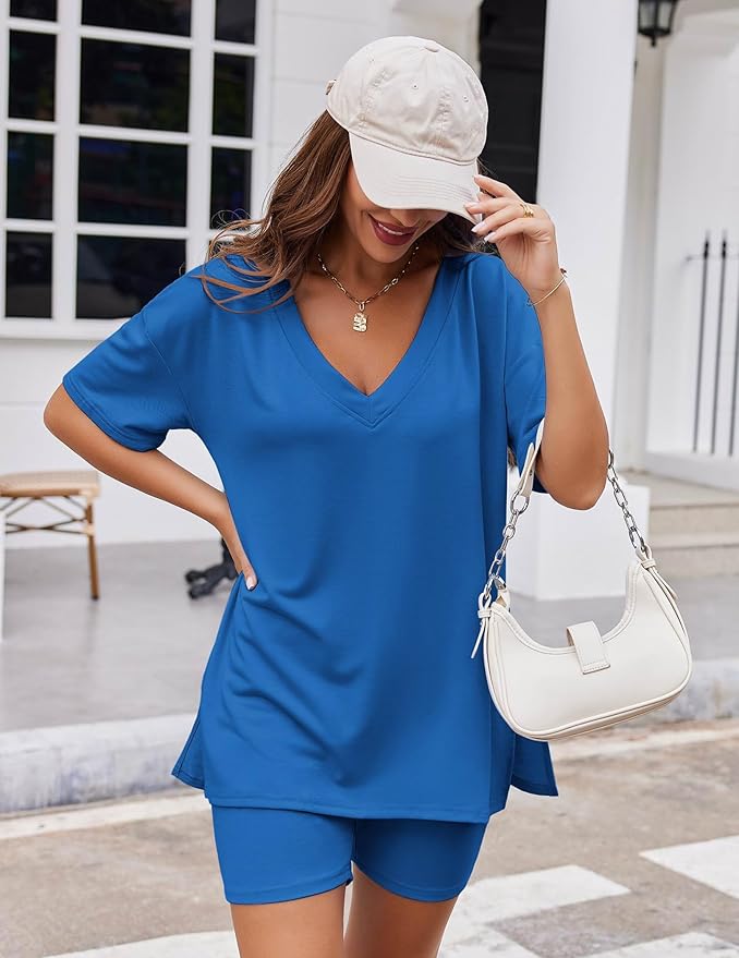 Ekouaer Womens Pajamas 2 Piece Lounge Sets Oversized V Neck T-Shirts Tops Biker Shorts Set Workout Reversible Tracksuit S-XXL