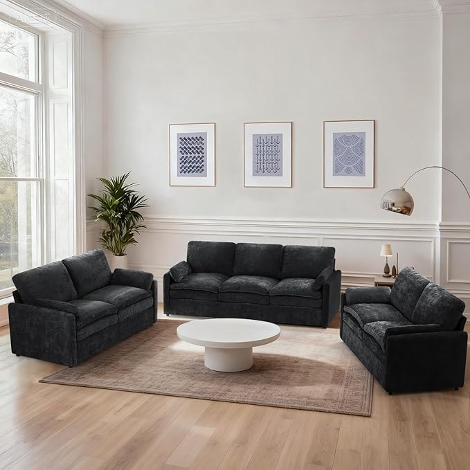 ACMEASE 3 Pieces Chenille Couch Set w/Arm Pillows, Upholstered 2 Pieces Loveseat & 3 Seater Sofa w/Comfortable Back Cushions, Modern 2-Seat & 3-Seat w/High-Density Foam for Living Room, Black