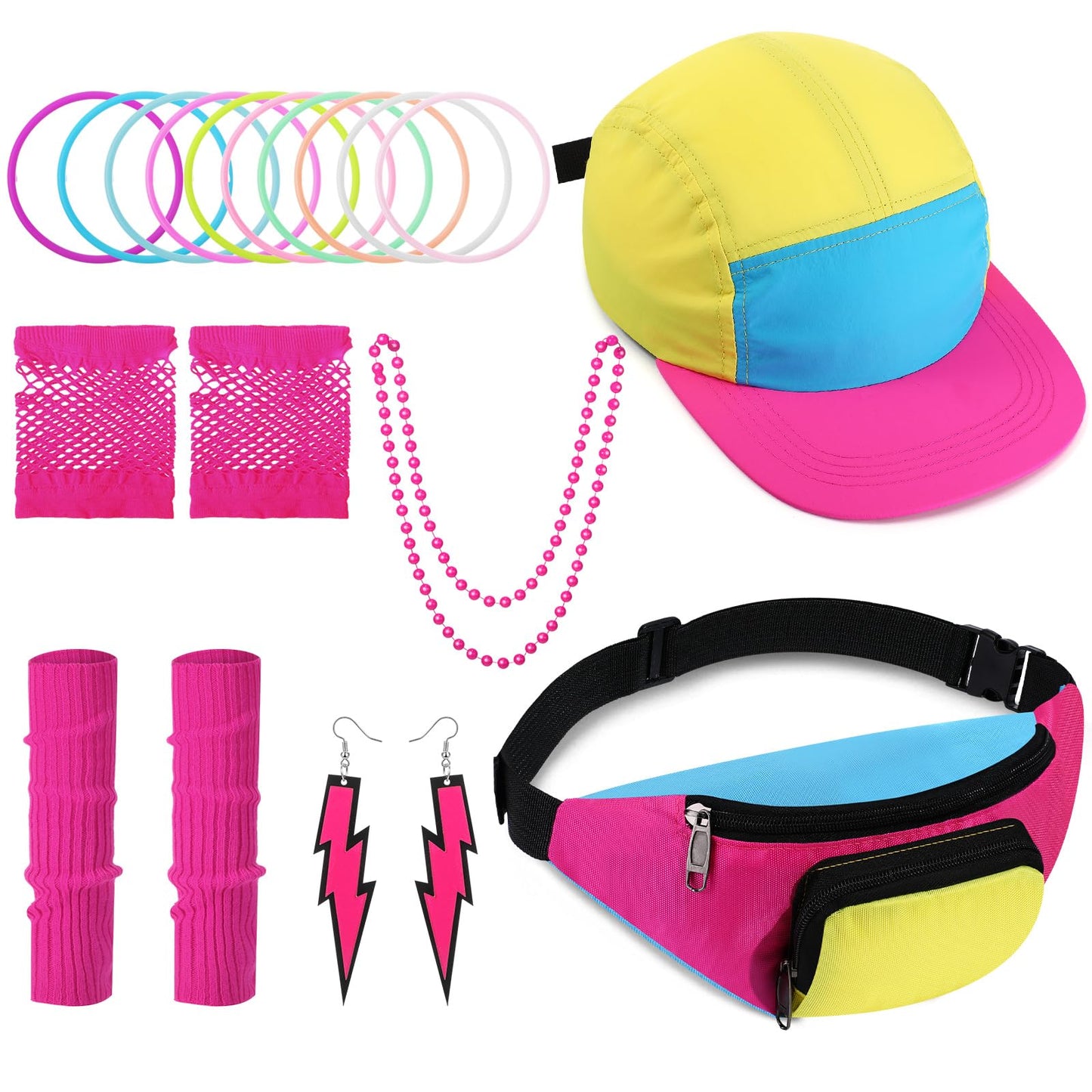 Cindeer 80s Fancy Dress Costume Accessories for Women Neon Hat Fanny Pack Leg Warmers Necklace Set for Retro 80s 90s Party