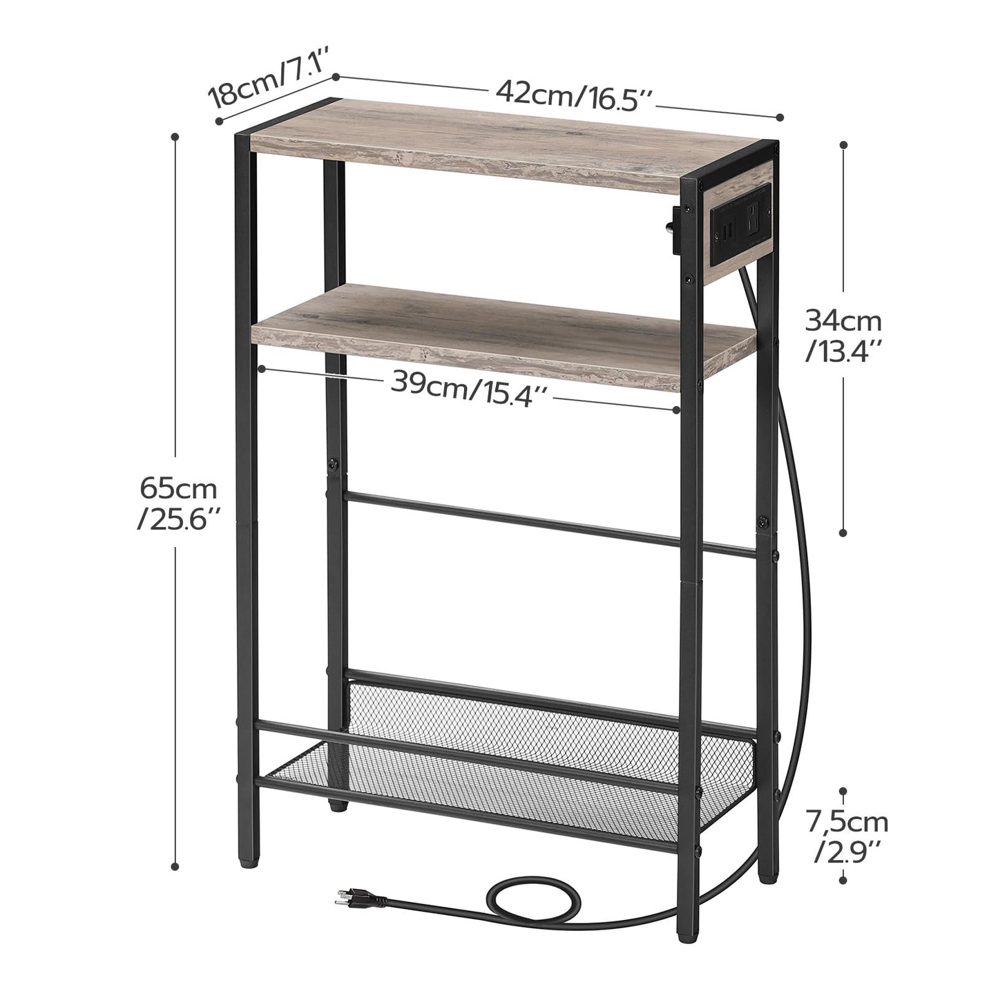 HOOBRO Small Narrow Side Table with Charging Station, Skinny End Table for Small Spaces, Slim Nightstand with USB Ports Outlet, Sofa Beside Table with Storage Shelf, Greige and Black BG102UBZ01