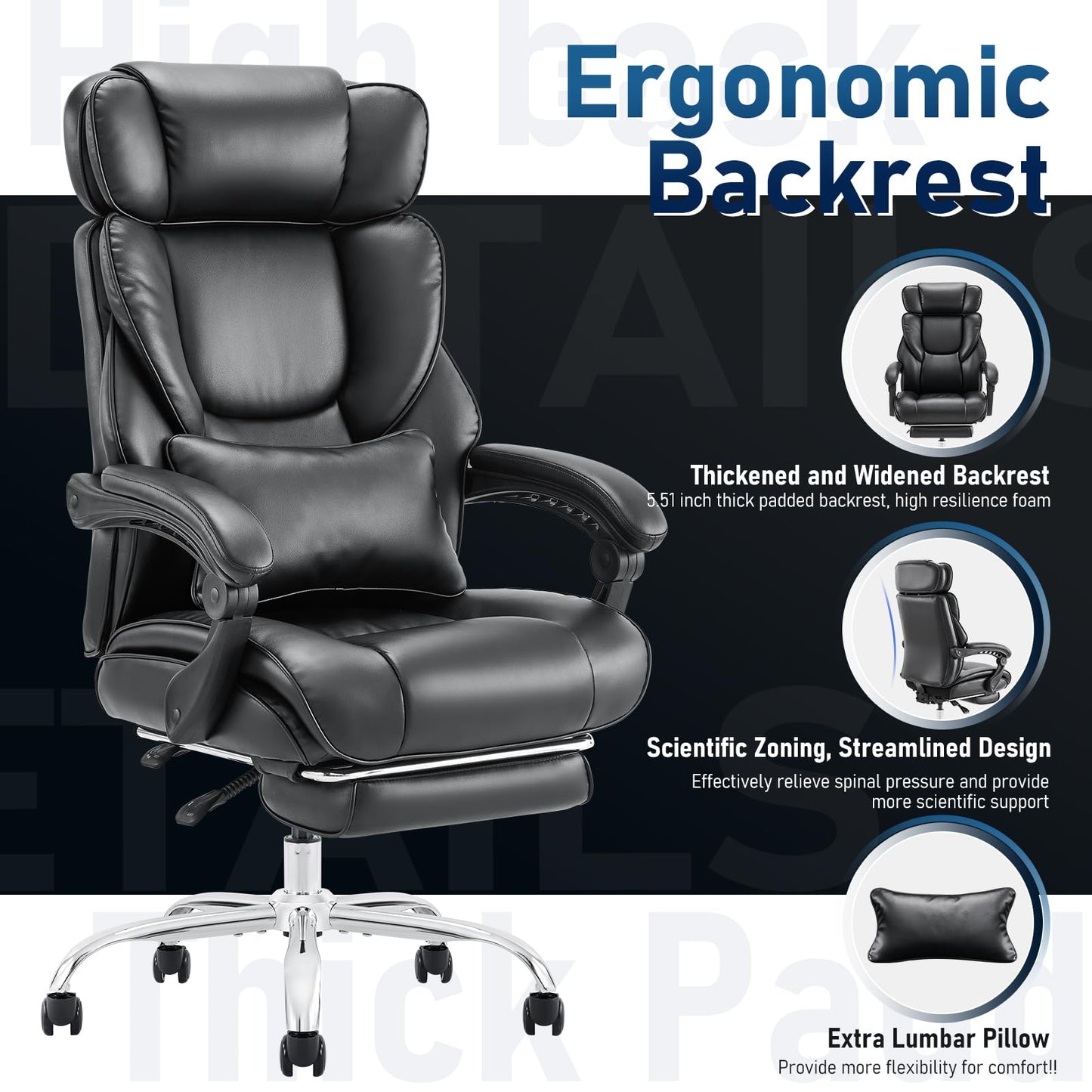 COLAMY Office Chair with Retractable Footrest, Ergonomic High Back Design Executive Computer Desk Chair with Removable Lumbar Pillow, 90-135°Reclining,Thick Bonded Leather for Home Office,2pcs-Black
