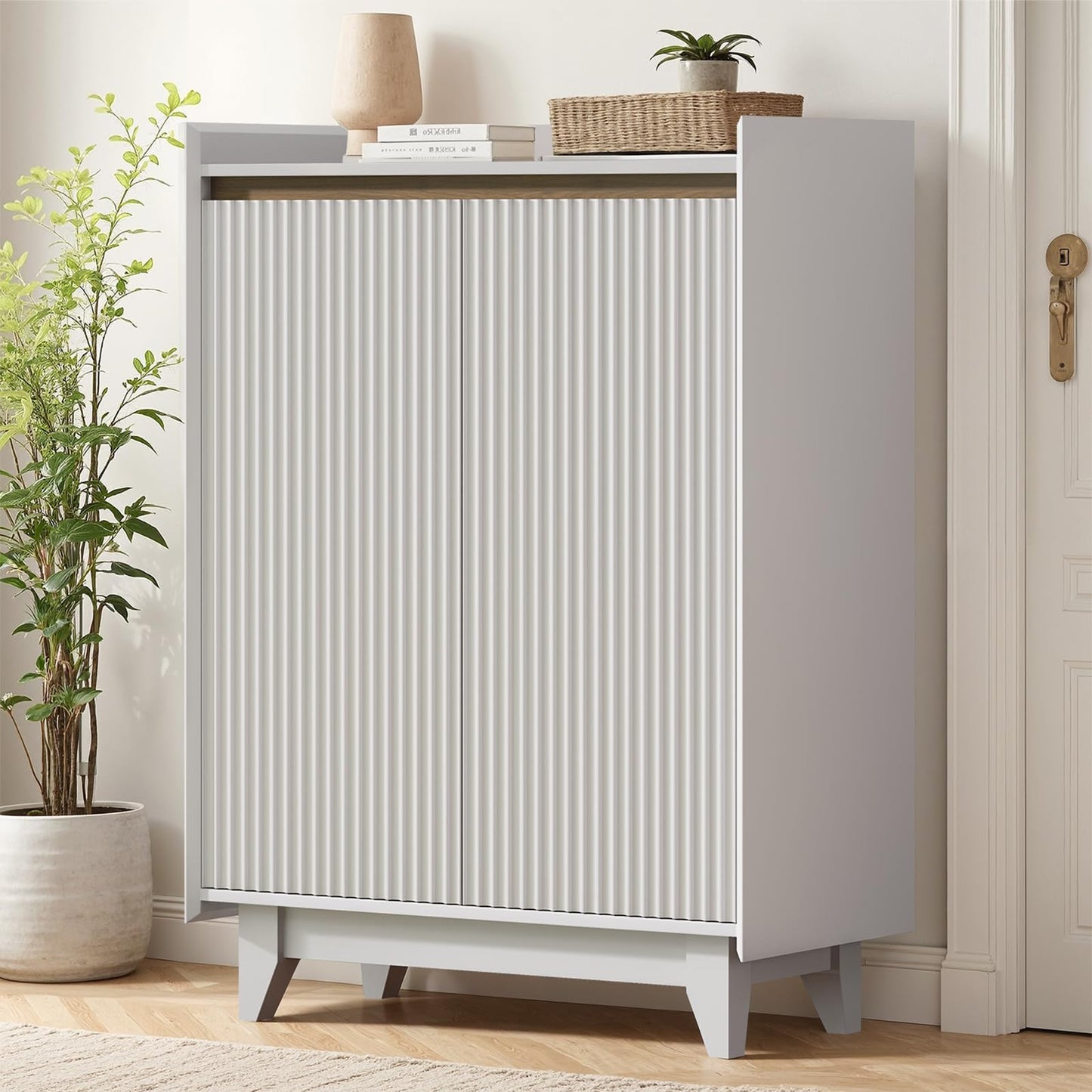 Tablyfurny White Shoe Cabinet for Entryway, 5-Tier Shoe Storage Cabinet with Doors and Shelves, 43.7" Tall Fluted Shoe Storage Organizer Cabinet, Wooden Shoe Rack Organizer for Hallway Closet