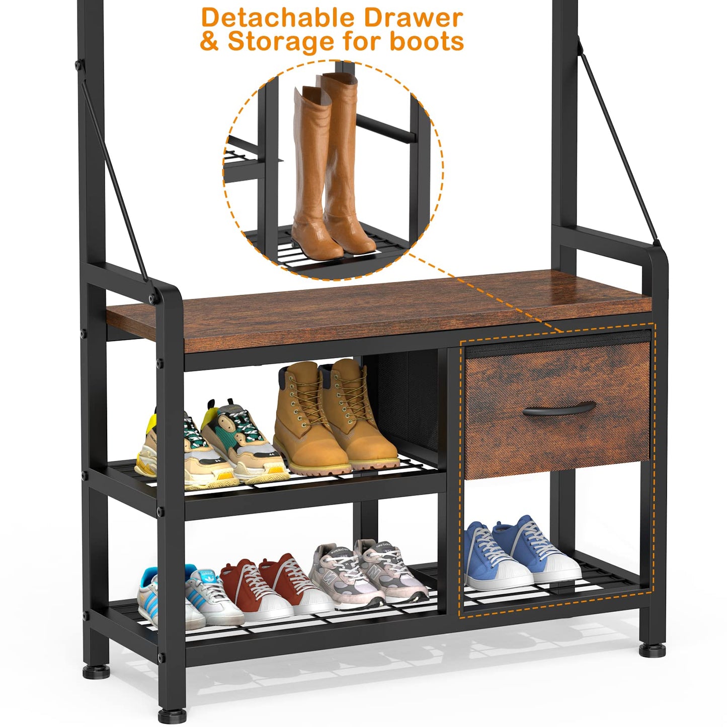 Lulive Hall Tree, 31.5” Entryway Bench with Coat Rack freestanding, 5 in 1 Intelligent Design Shoe Bench and Wall Rack 17 Hooks and Drawers (Rustic Brown)