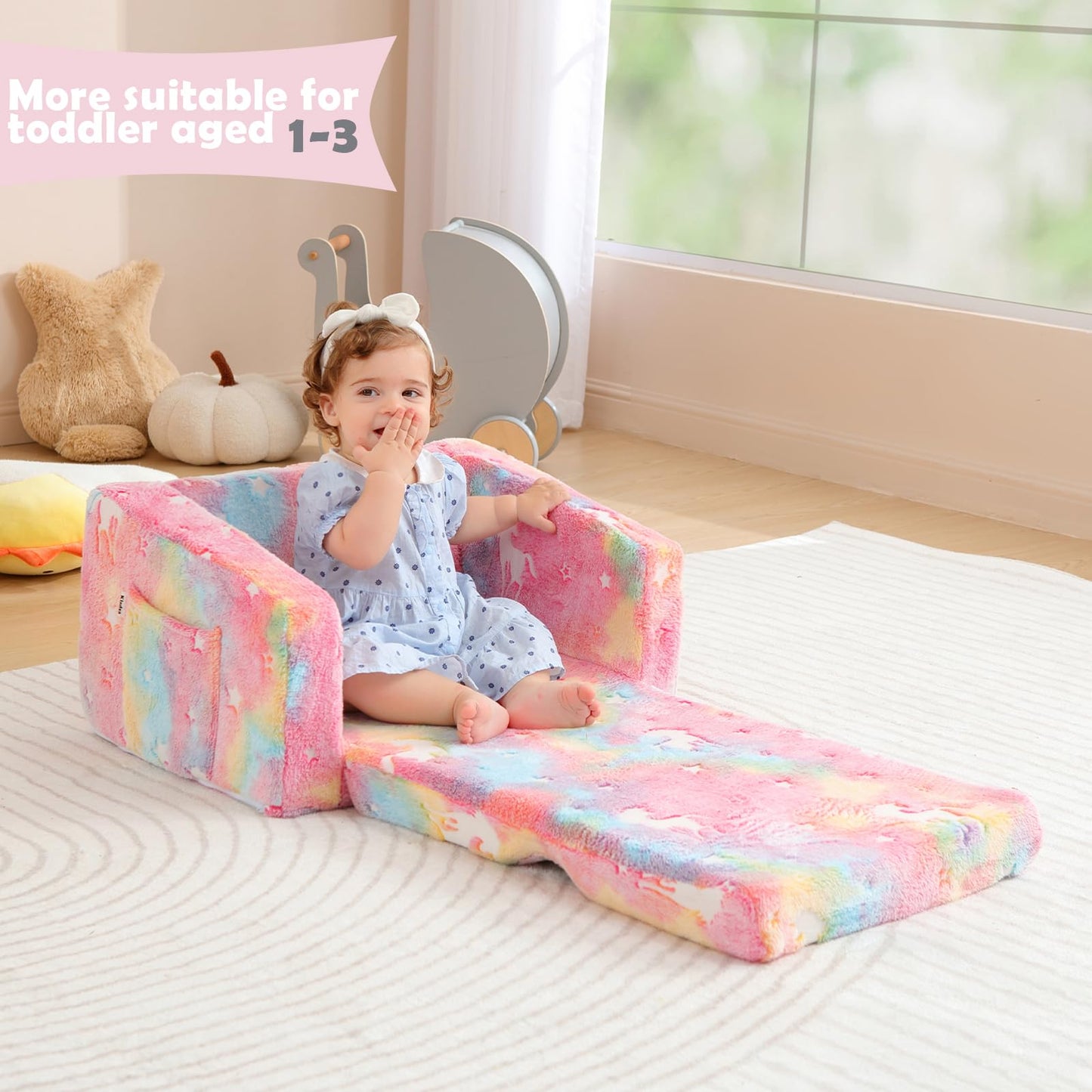 Kisdsa Toddler Couch Fold Out, Foldable Toddler Chair with Blanket, Kids Couch for Girls & Boys, Flip Out Kids Sofa, Convertible Sofa to Lounger for Children Age 1-3 (Glow Pink)