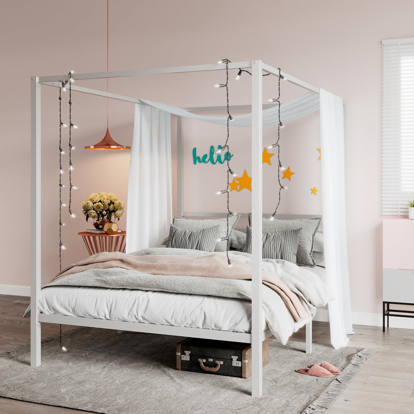 SHA CERLIN Canopy Bed Frame Full Size/Mattress Foundation with Metal Slats Support/No Box Spring Needed/Easy Assembly/White