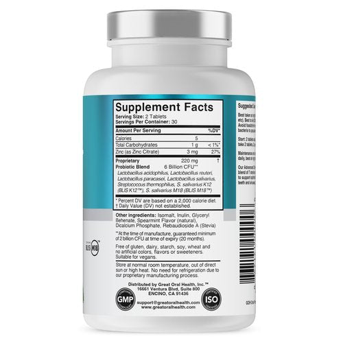 Oral Probiotics for Mouth Bad Breath Treatment for Adults: Dentist Formulated BLIS K12 M18 Advanced Oral Probiotics for Teeth and Gums, 60 Chewable Oral Health Probiotics Supplement Tablets (Mint 3pk)