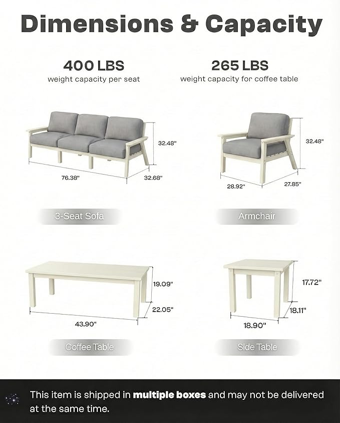 Patio Kingdom 10 Piece Outdoor Patio Furniture Set, Outdoor Couch with Washable Thick Gray Cushions, Coffee Table & Side Table, Patio Conversation Sets for Lawn, Garden, Porch, Balcony (White Frame)