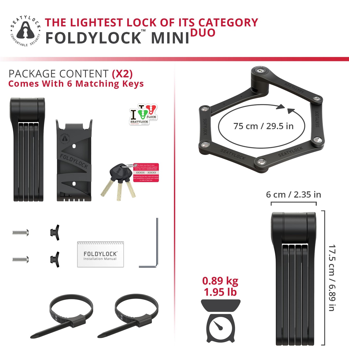 Seatylock FoldyLock Mini Folding Bike Lock Set - Patented Lightweight Bicycle Lock - Heavy Duty Anti Theft Guard for Electric Scooter & City Bikes - 2 Bike Locks with 6 Identical Keys - 29.5"
