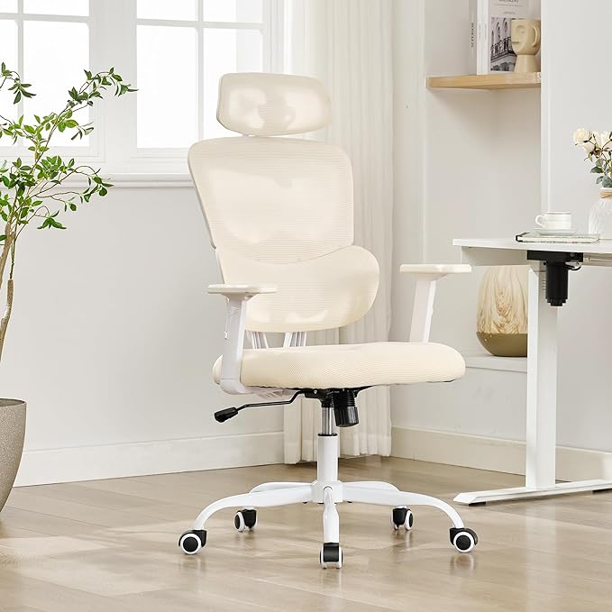 BOWTHY Ergonomic Office Chair,Home Mesh Office Desk Chairs,High Back Office Chair 330 LBS,Swivel Computer Chair with 2D Armrest,Adjustable Headrest,Lumbar Support,Rocking Function (Beige)