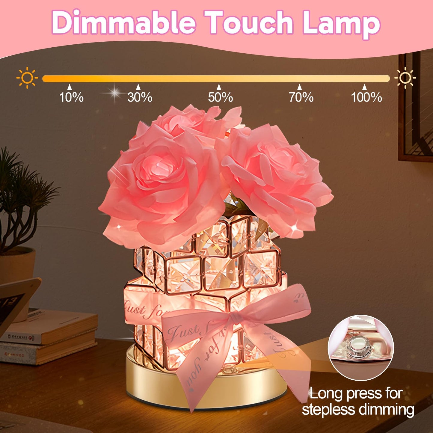 ONXE Forever Rose Gifts for Girlfriend Wife Her Women Mom,Rechargeable Cordless Touch Crystal Table Lamp,3-Colour Infinitely Dimming Small Night Light,Valentine's Day Anniversary Birthday Idea Gift