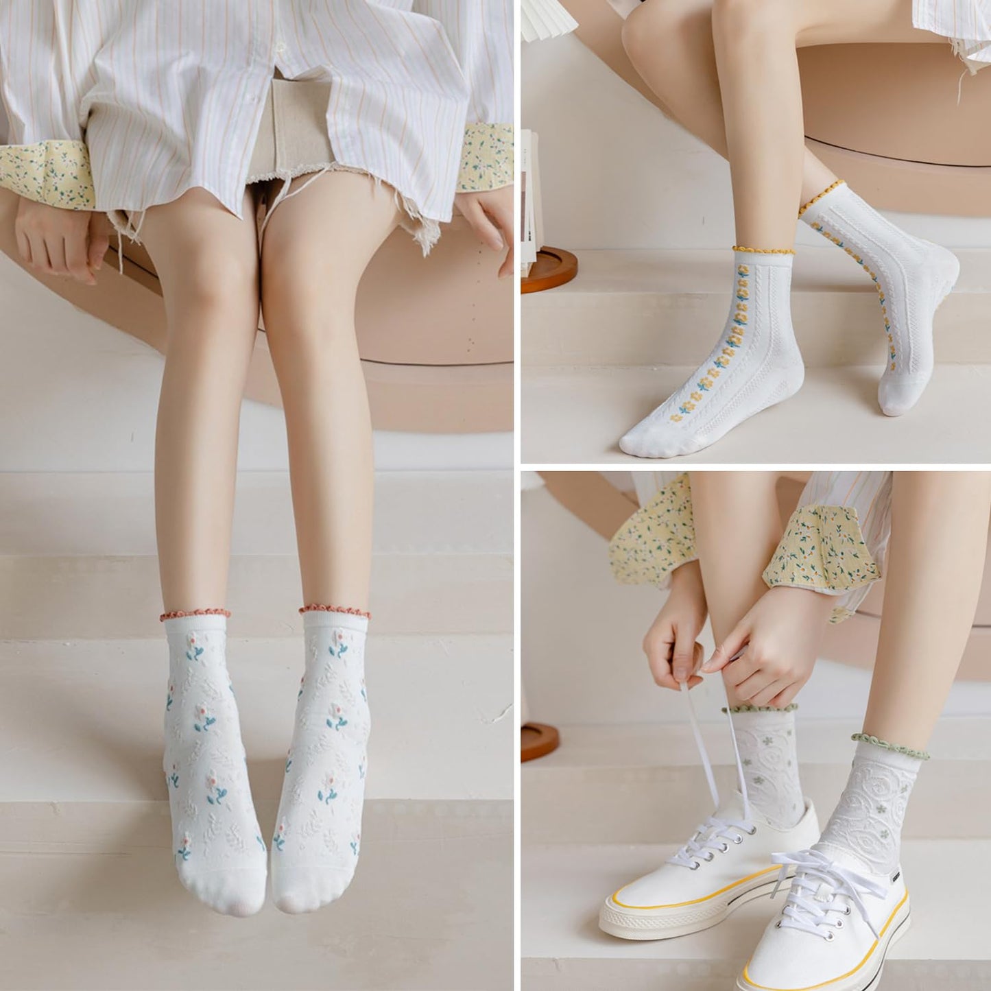 albagu Womens Crew Cute Socks Cotton Thin Breathable Casual Sock for Women Novelty Funny Flower Dress White Socks 5 Pack