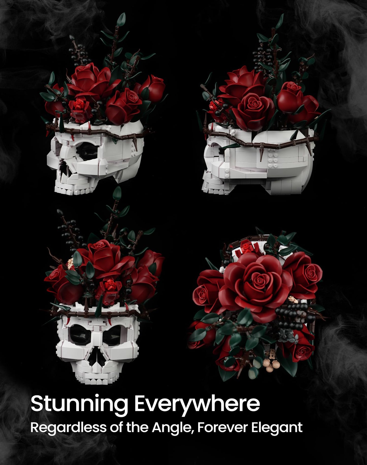 Skull Rose Bouquet Building Set, Compatible with Lego Flowers for Adult - Halloween Gothic Horror Skeleton Plant Pot Home Decor - Artificial Flower Botanical Collection Gifts, IA11008