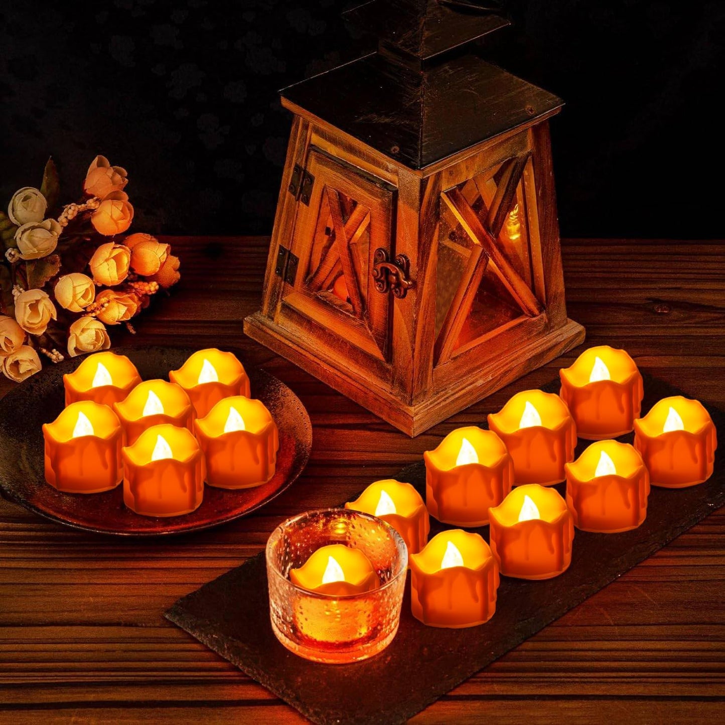 ONEIHOMM Halloween Orange Timer Tealights, Flameless Flickering Melting Candles Battery Operated, Fall Tea Lights for Gothic Wedding Home Decor (12PCS)
